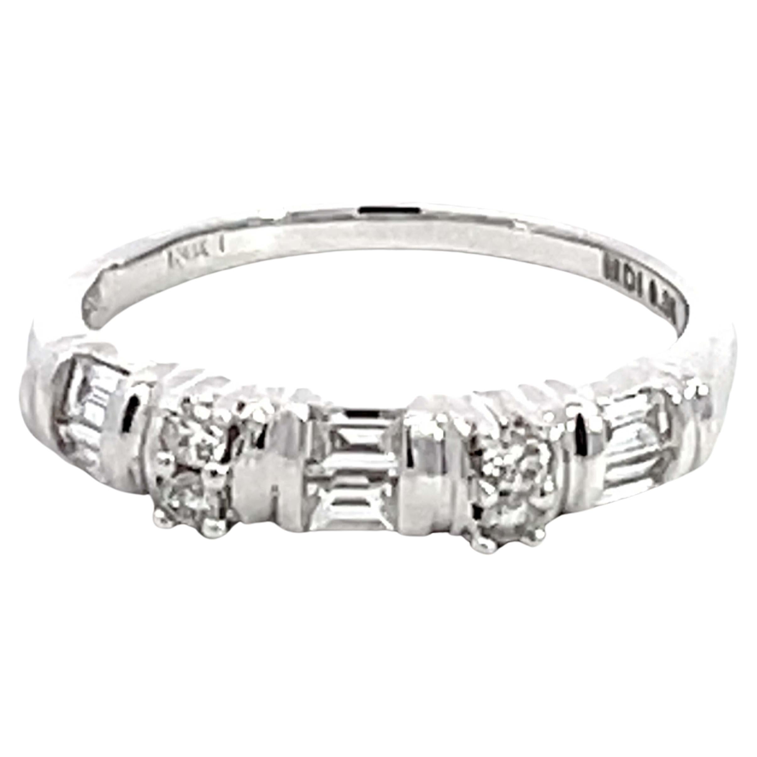 Baguette and Brilliant Cut Diamond Band Ring Solid 18k White Gold For Sale