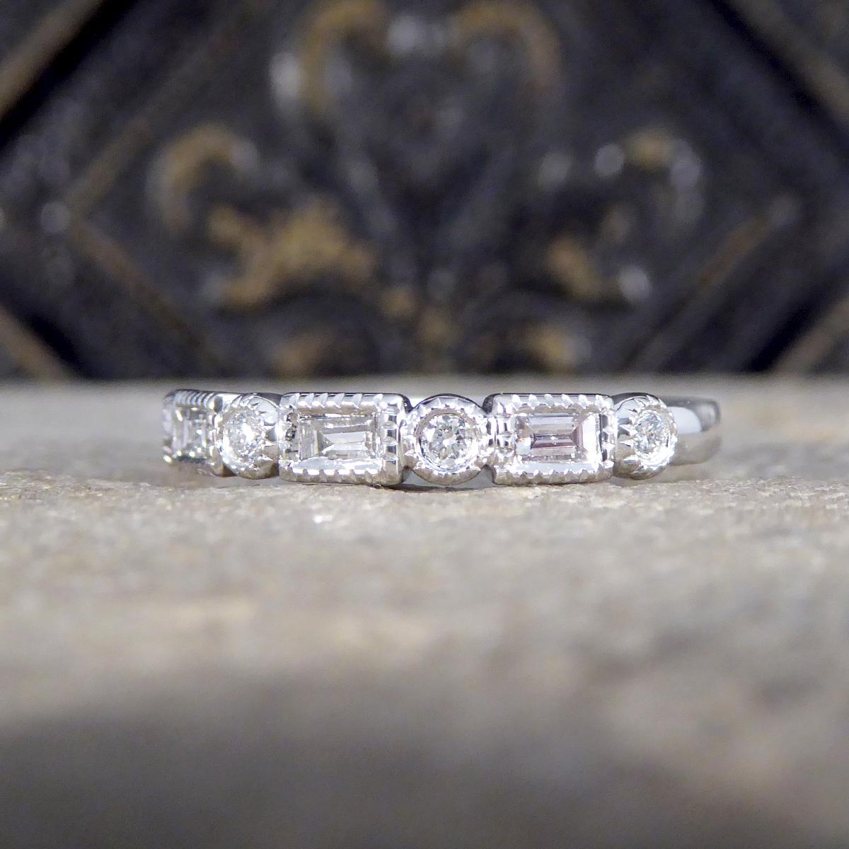 Baguette and Brilliant Cut Diamond Half Eternity Band in Platinum In New Condition For Sale In Yorkshire, West Yorkshire
