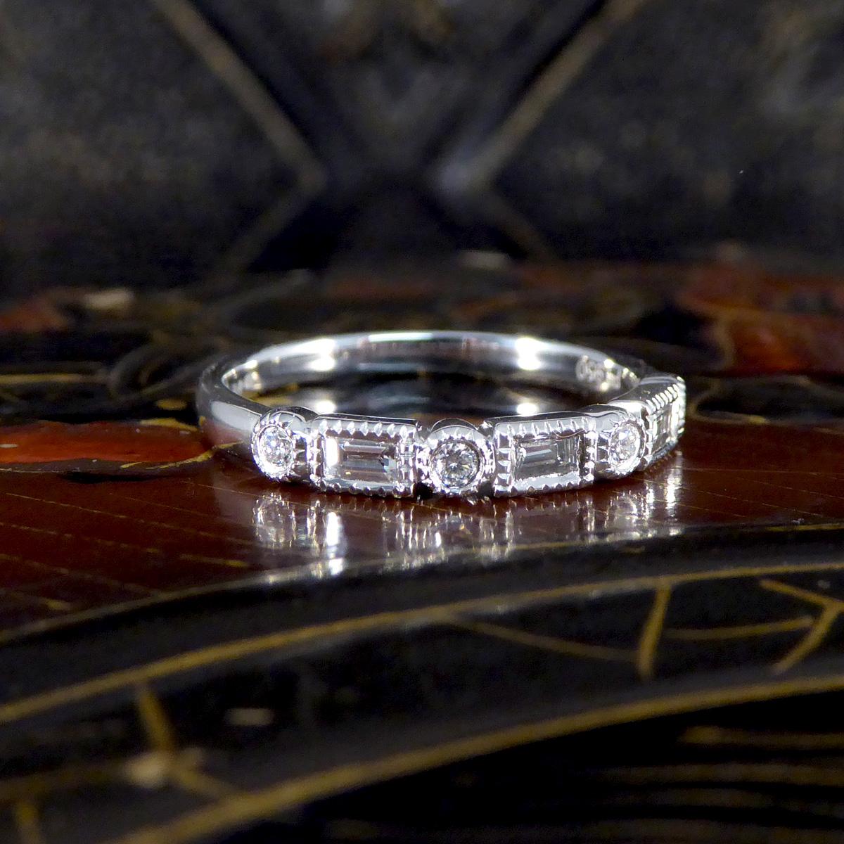 Baguette and Brilliant Cut Diamond Half Eternity Band in Platinum For Sale 1