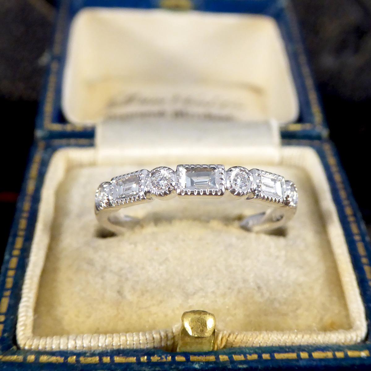 Baguette and Brilliant Cut Diamond Half Eternity Band in Platinum For Sale 2
