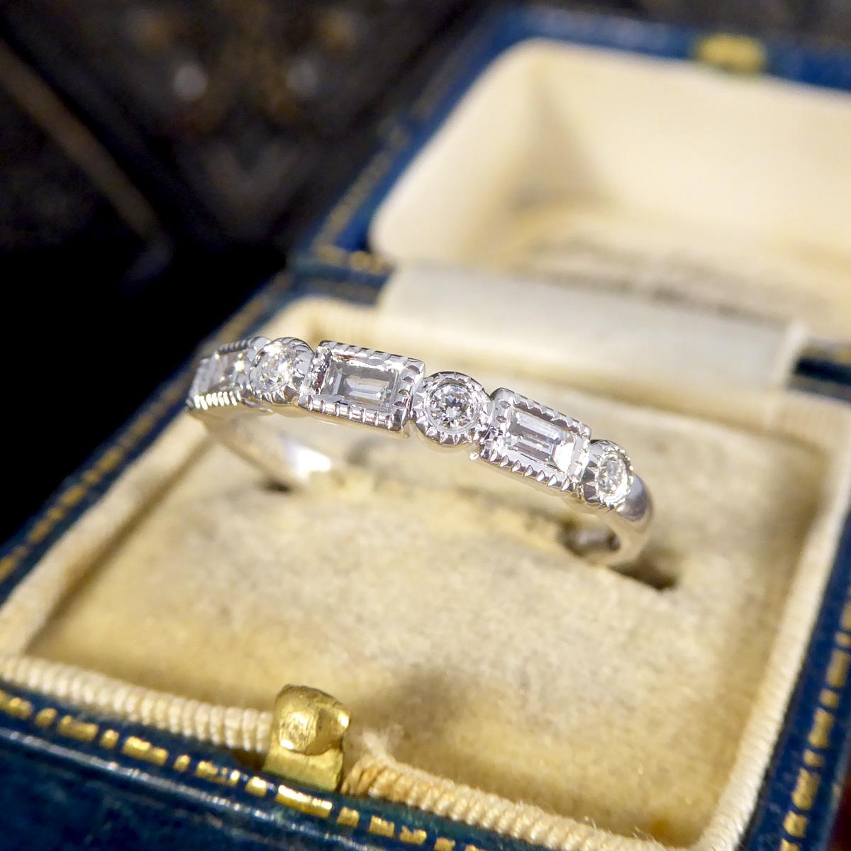 Baguette and Brilliant Cut Diamond Half Eternity Band in Platinum For Sale 3