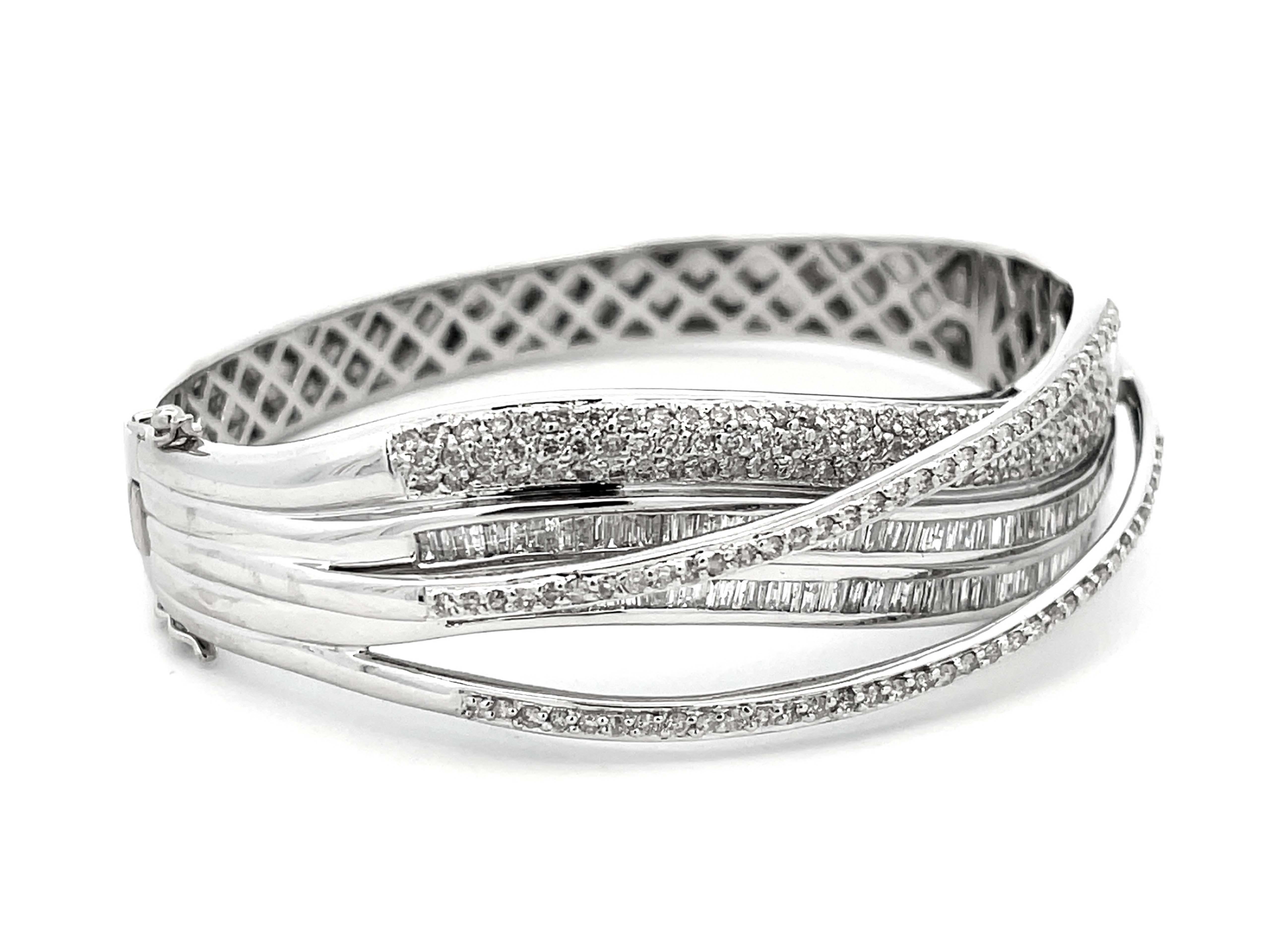 Modern Baguette and Brilliant Cut Diamond Multi Row Hinged Bangle in 18k White Gold For Sale