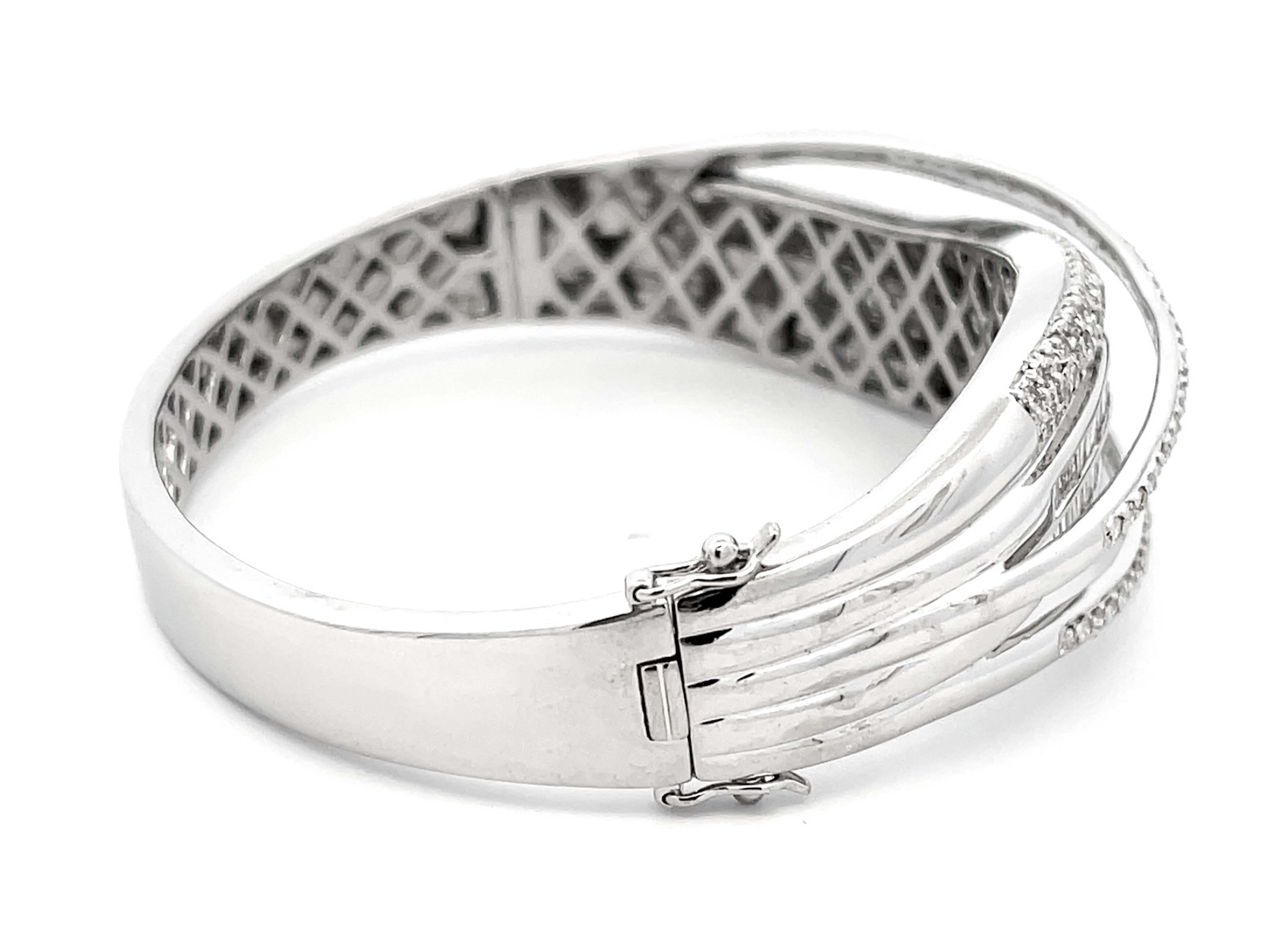 Women's Baguette and Brilliant Cut Diamond Multi Row Hinged Bangle in 18k White Gold For Sale