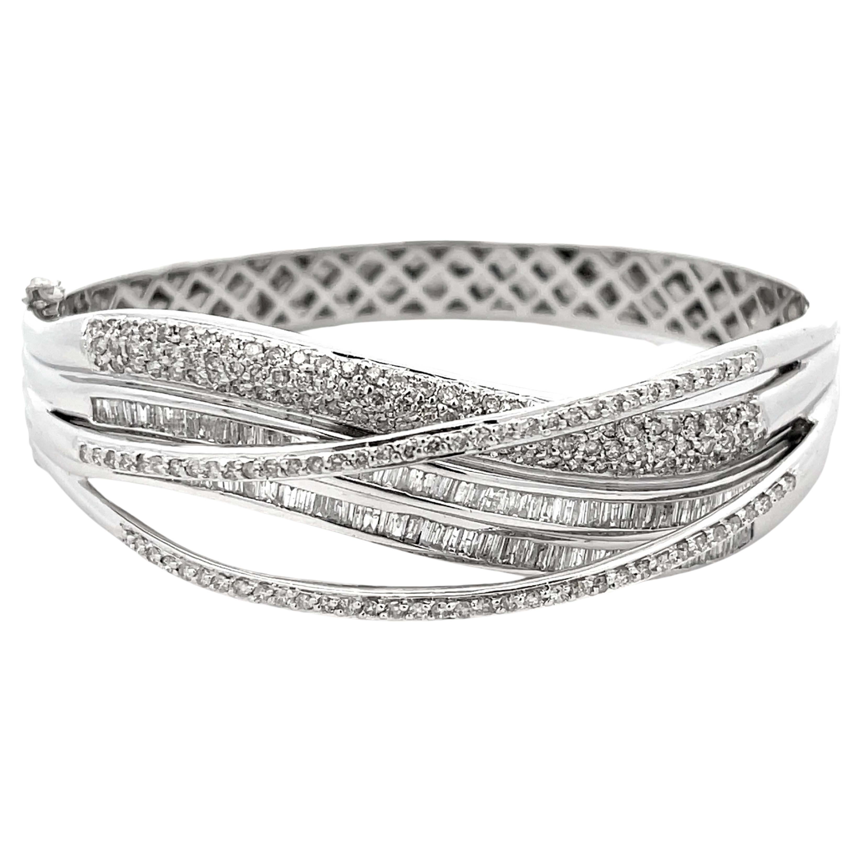 Baguette and Brilliant Cut Diamond Multi Row Hinged Bangle in 18k White Gold For Sale