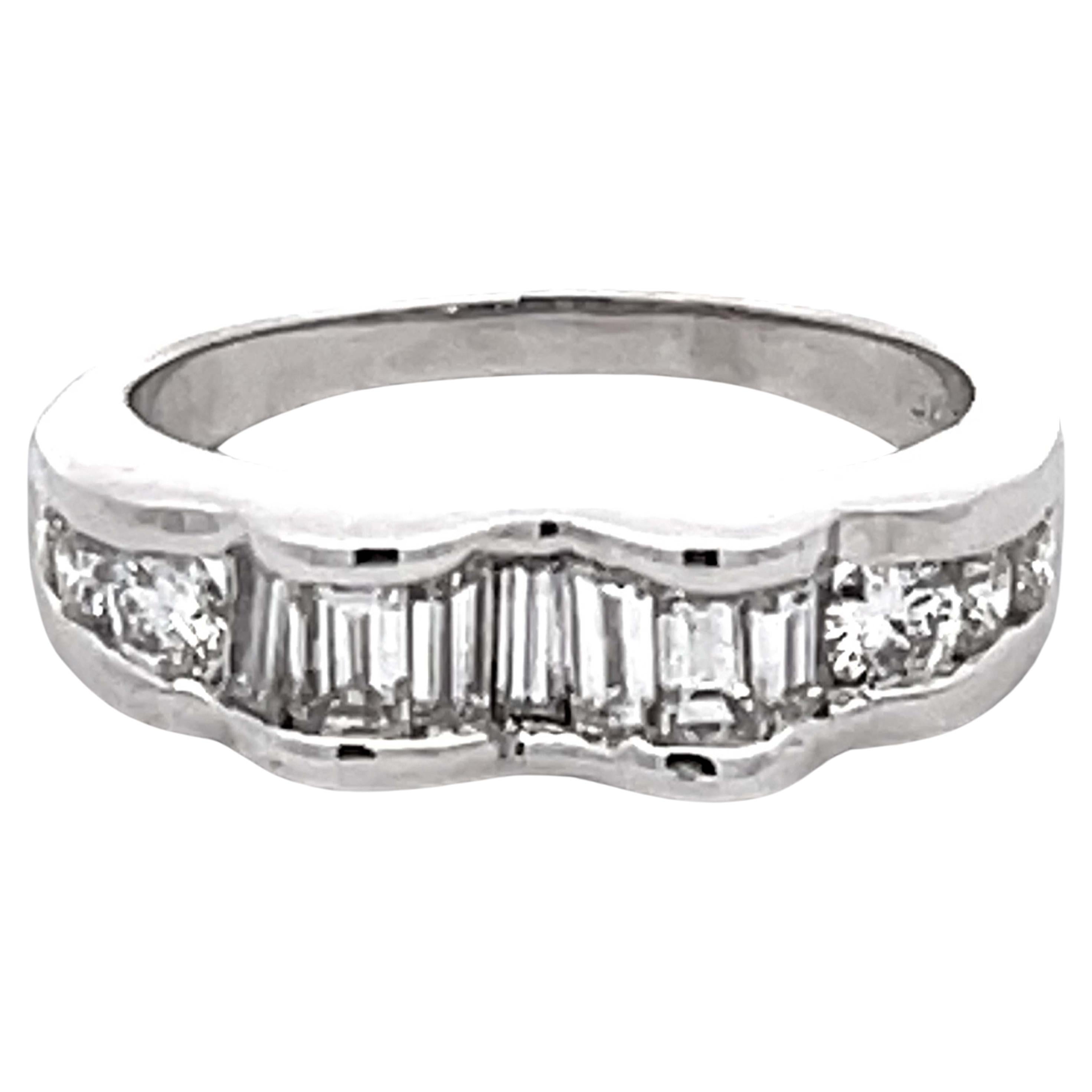 Baguette and Brilliant Diamond Band Ring 18k White Gold For Sale
