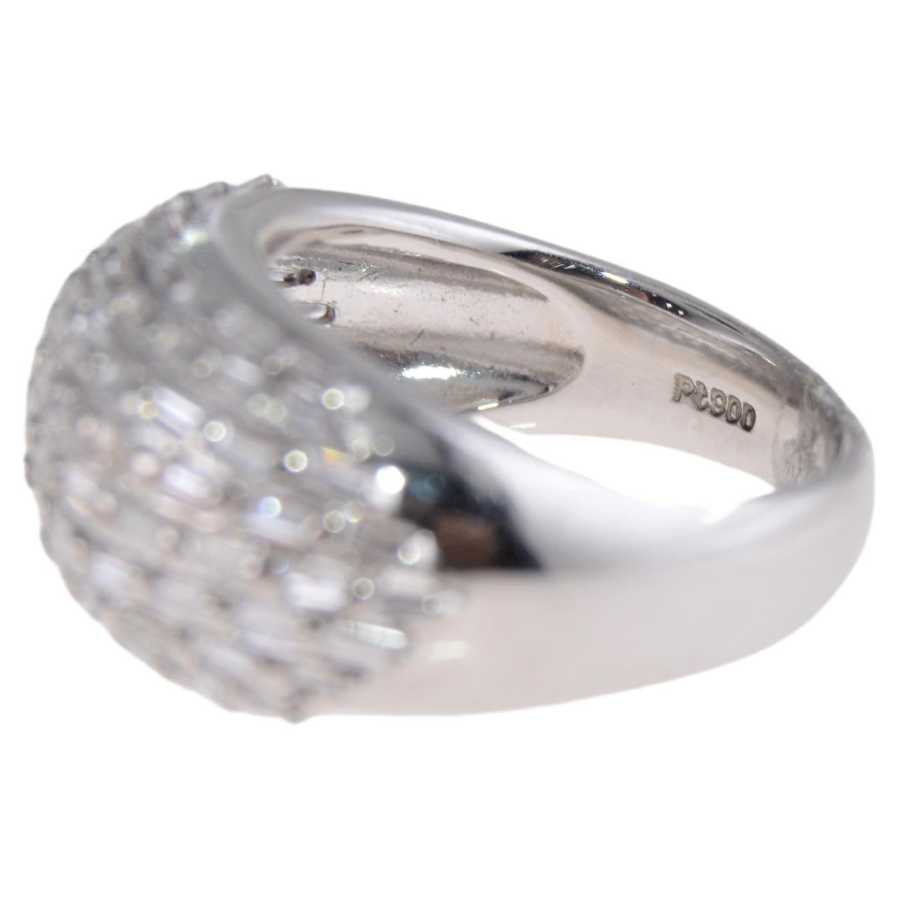 Baguette Cut Baguette and Diamond Hand Constructed Platinum Domed Ring  For Sale