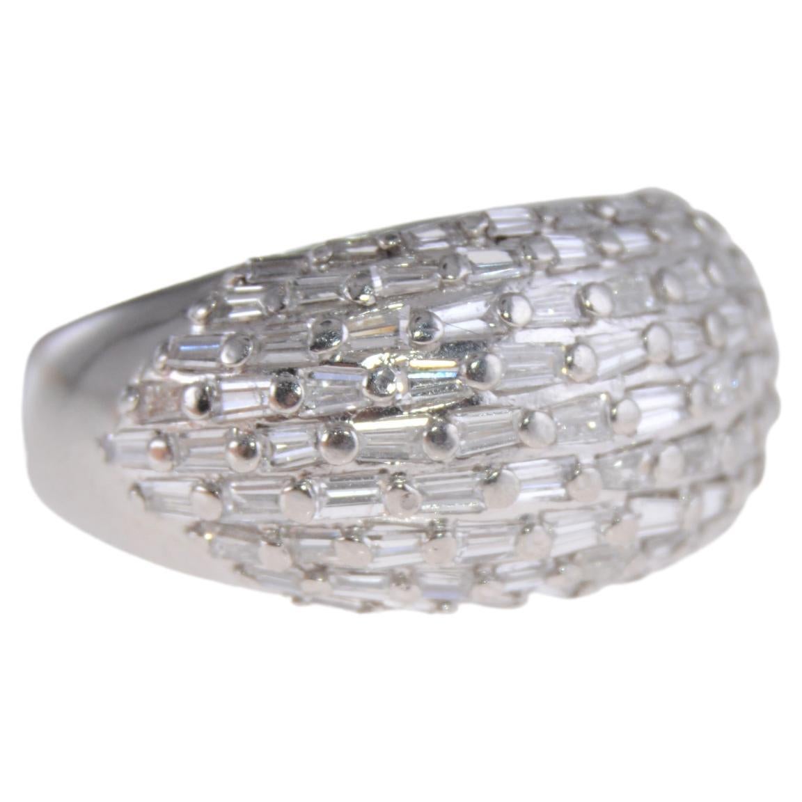 Baguette and Diamond Hand Constructed Platinum Domed Ring  For Sale