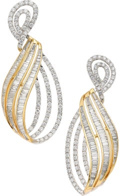 Baguette and Full Cut Diamond Swirl 18K Yellow & White Gold Drop Earrings
