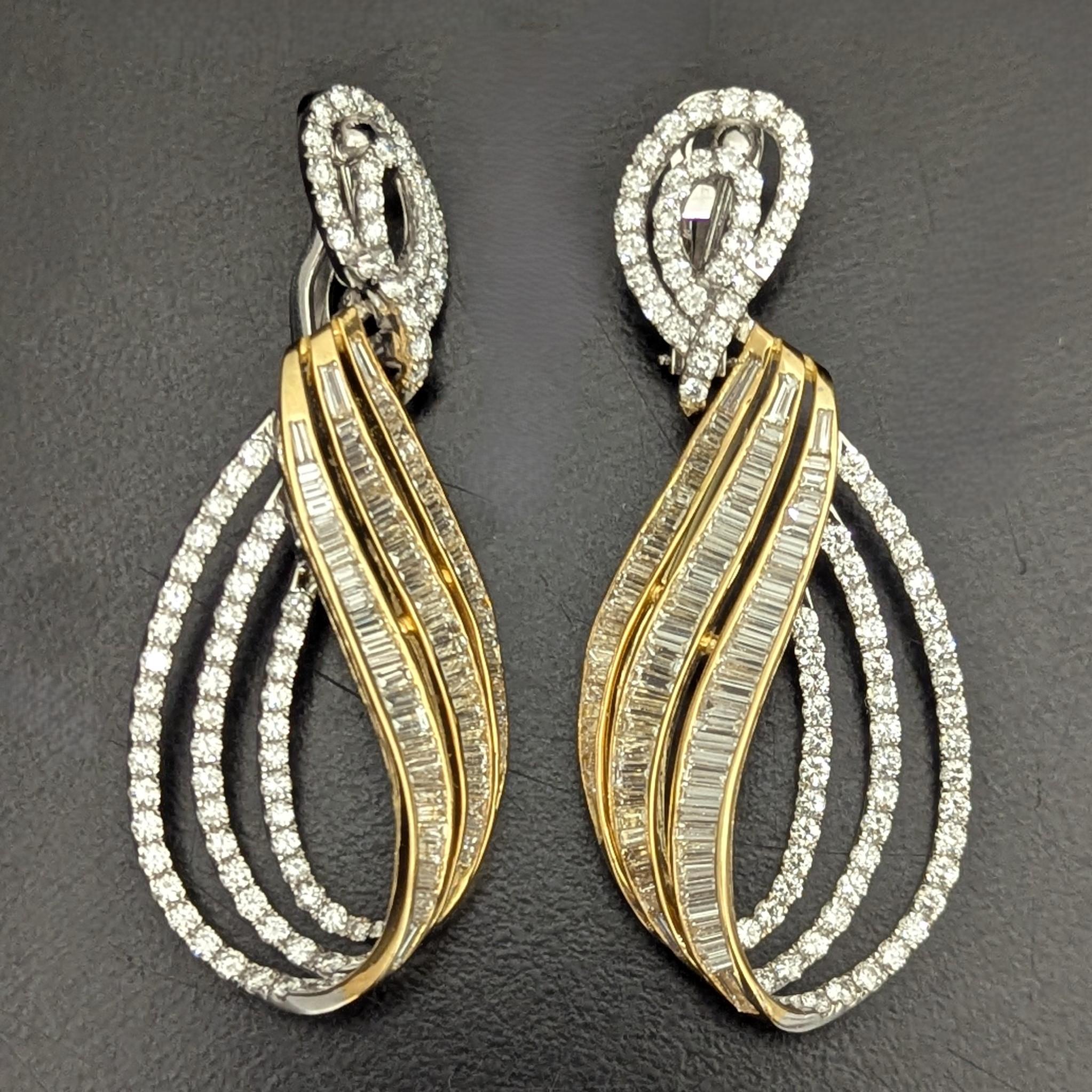Baguette Cut Baguette and Full Cut Diamond Swirl 18K Yellow & White Gold Drop Earrings For Sale