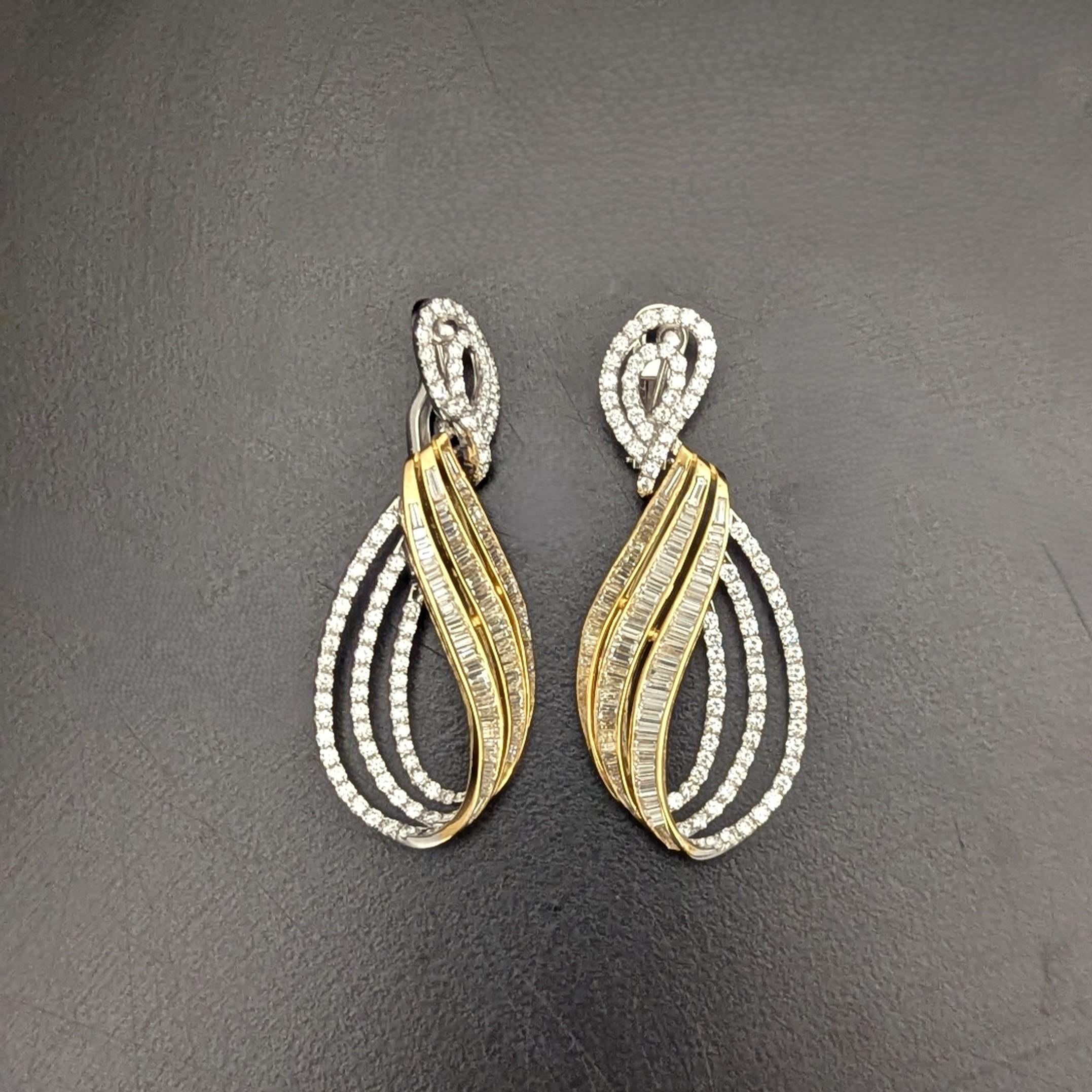 Baguette and Full Cut Diamond Swirl 18K Yellow & White Gold Drop Earrings In Excellent Condition For Sale In New York, NY