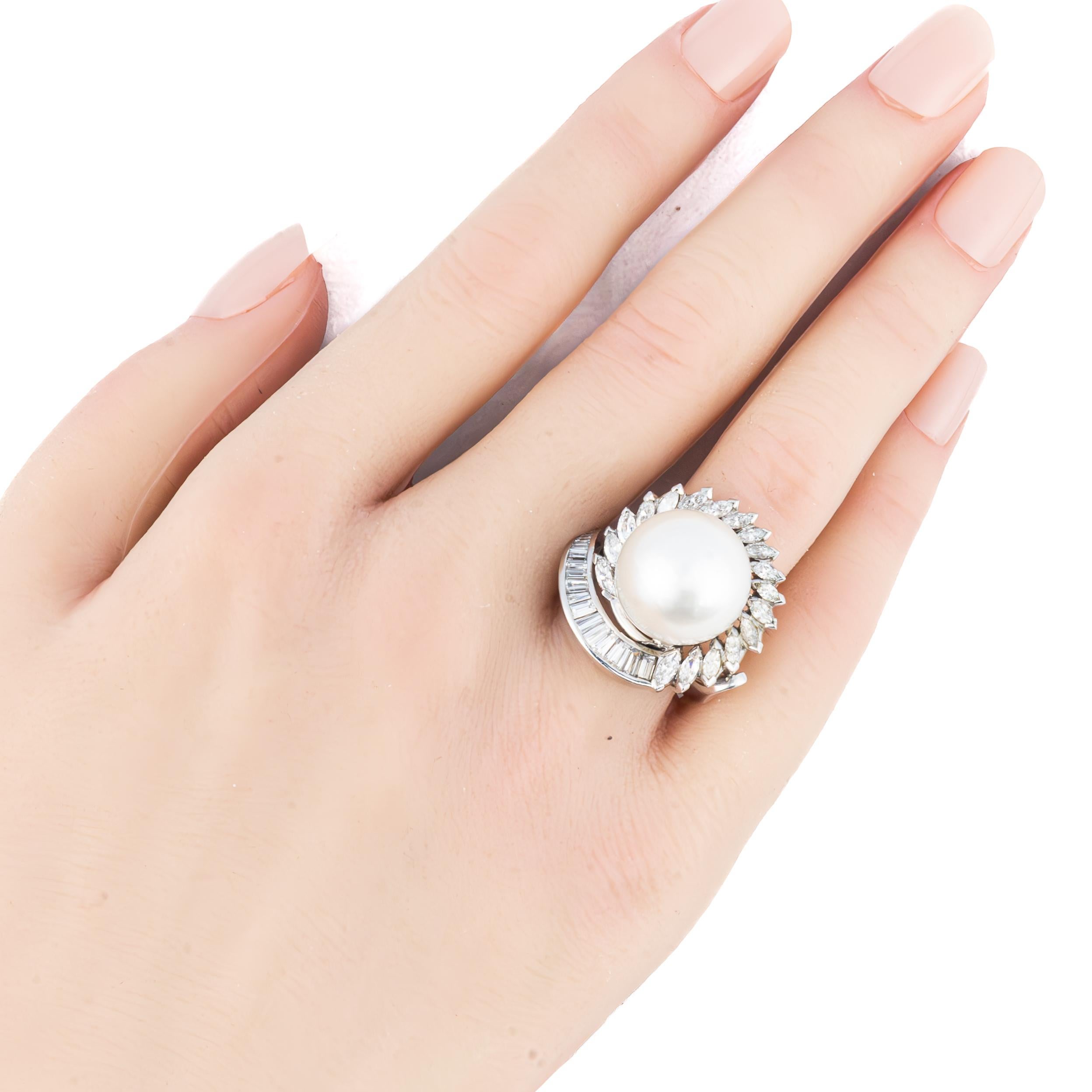 Retro Baguette and Marquise Cut Diamond and Pearl Cocktail Ring For Sale