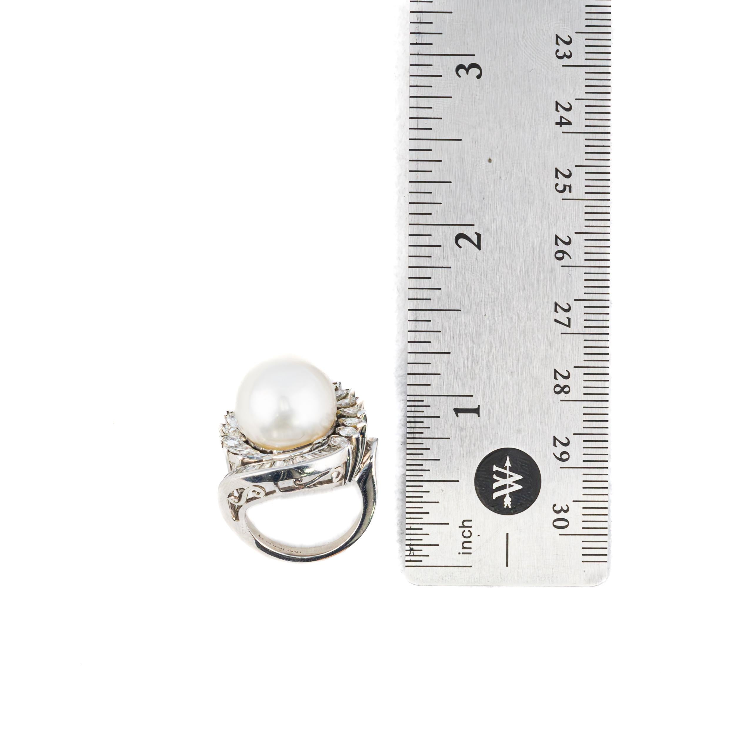 Baguette and Marquise Cut Diamond and Pearl Cocktail Ring In Excellent Condition For Sale In New York, NY