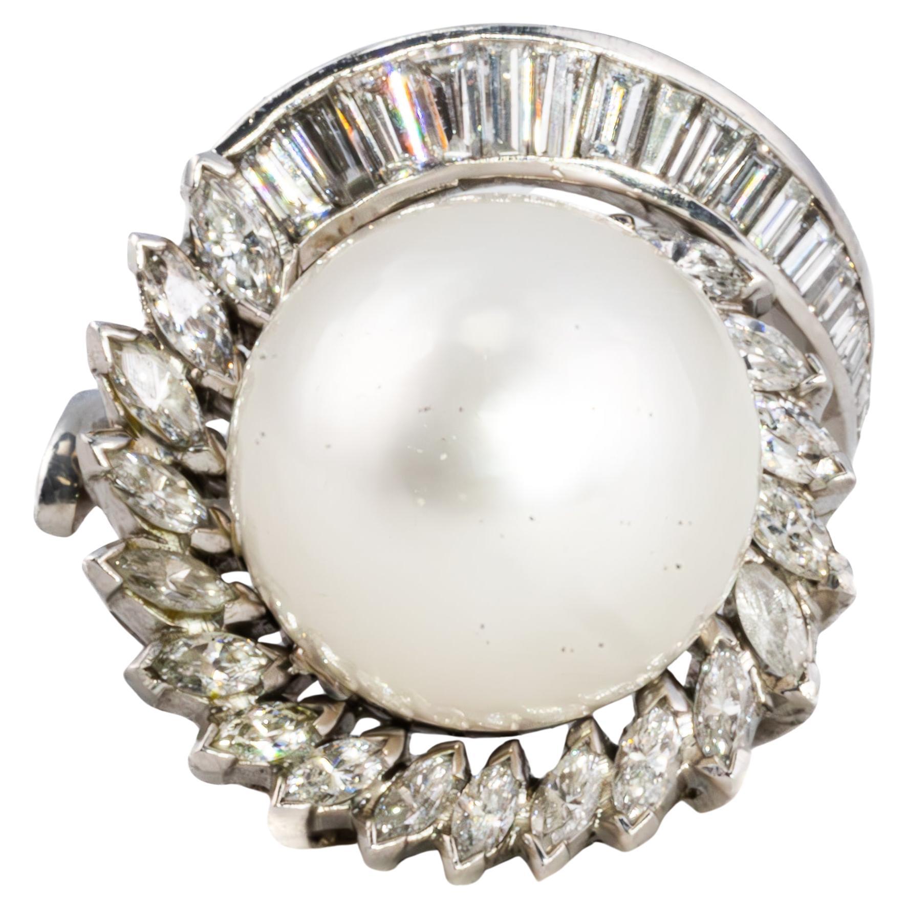 Baguette and Marquise Cut Diamond and Pearl Cocktail Ring