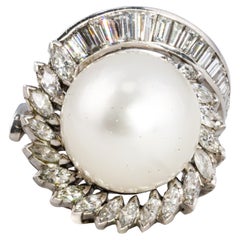 Baguette and Marquise Cut Diamond and Pearl Cocktail Ring