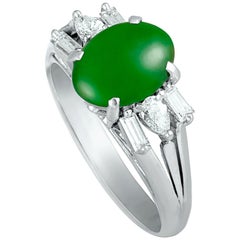 Baguette and Pear Diamonds Small Oval Jade Platinum Ring