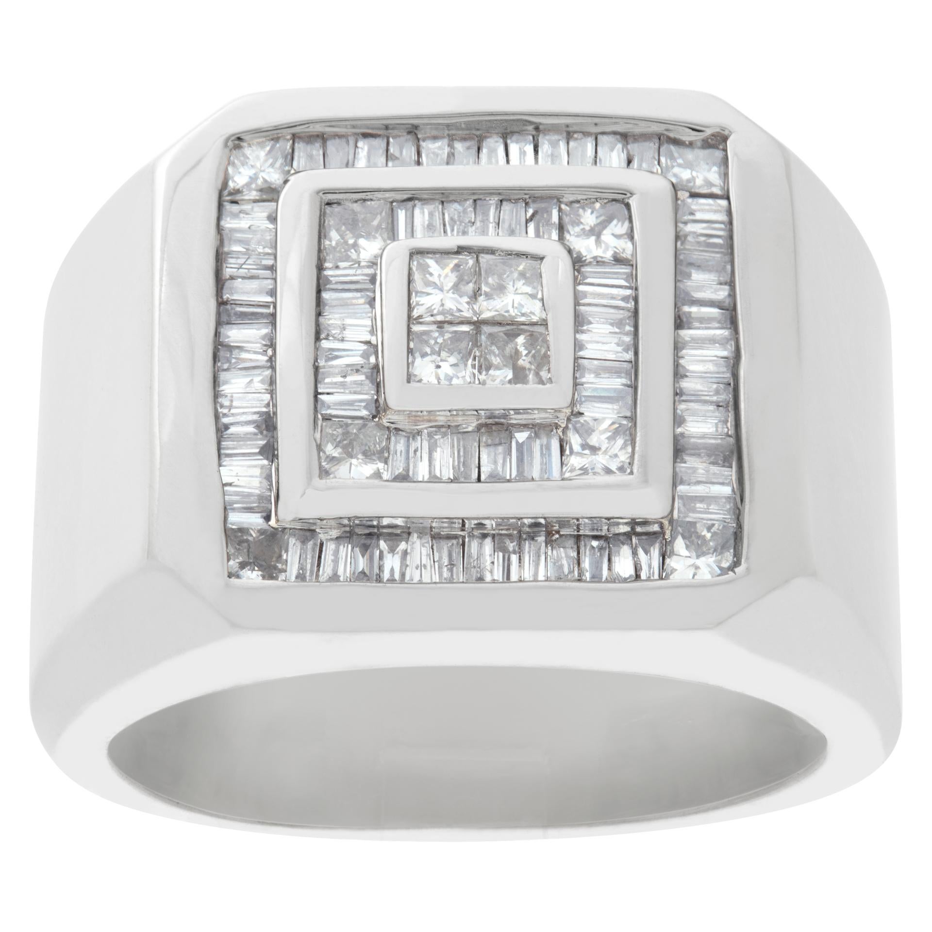 Baguette and princess cut diamond ring in 14k white gold with approximately 1.80 carats in diamonds. Ring size 8.5. Width tapers from 16mm to 8mm.This Diamond ring is currently size 8.5 and some items can be sized up or down, please ask! It weighs