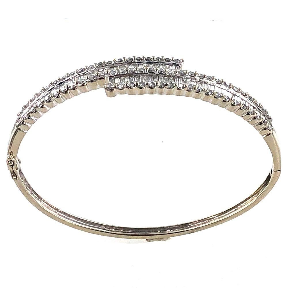 Modern Baguette and Round Brilliant Cut Diamond Bypass White Gold Bangle Bracelet