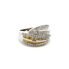 Baguette and Round Brilliant Cut Diamonds Vintage Gold Crossover Band Ring
