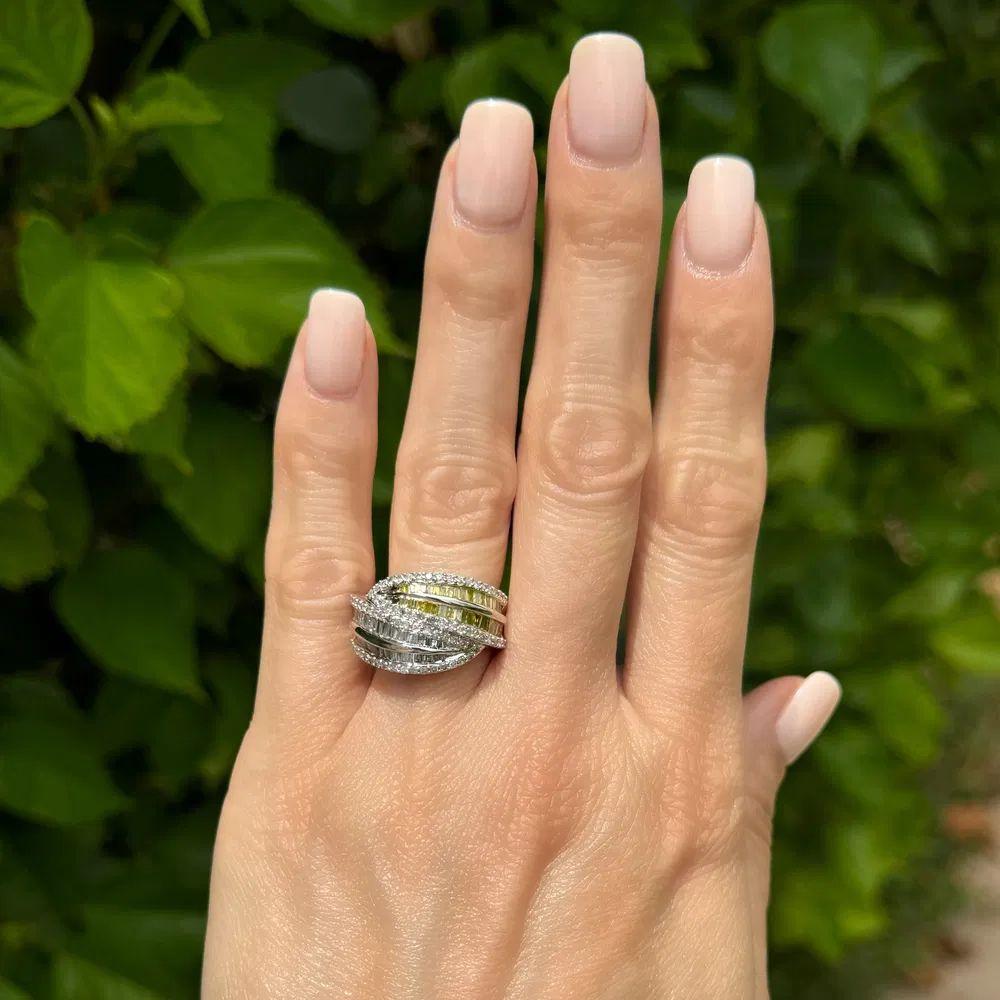Modernist Baguette and Round Brilliant Cut Diamonds Vintage Gold Crossover Band Ring For Sale