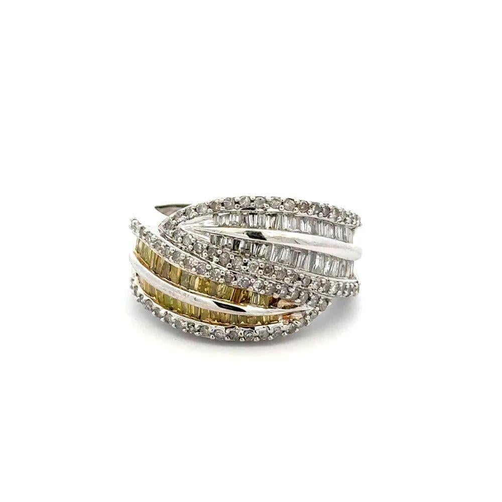 Baguette Cut Baguette and Round Brilliant Cut Diamonds Vintage Gold Crossover Band Ring For Sale