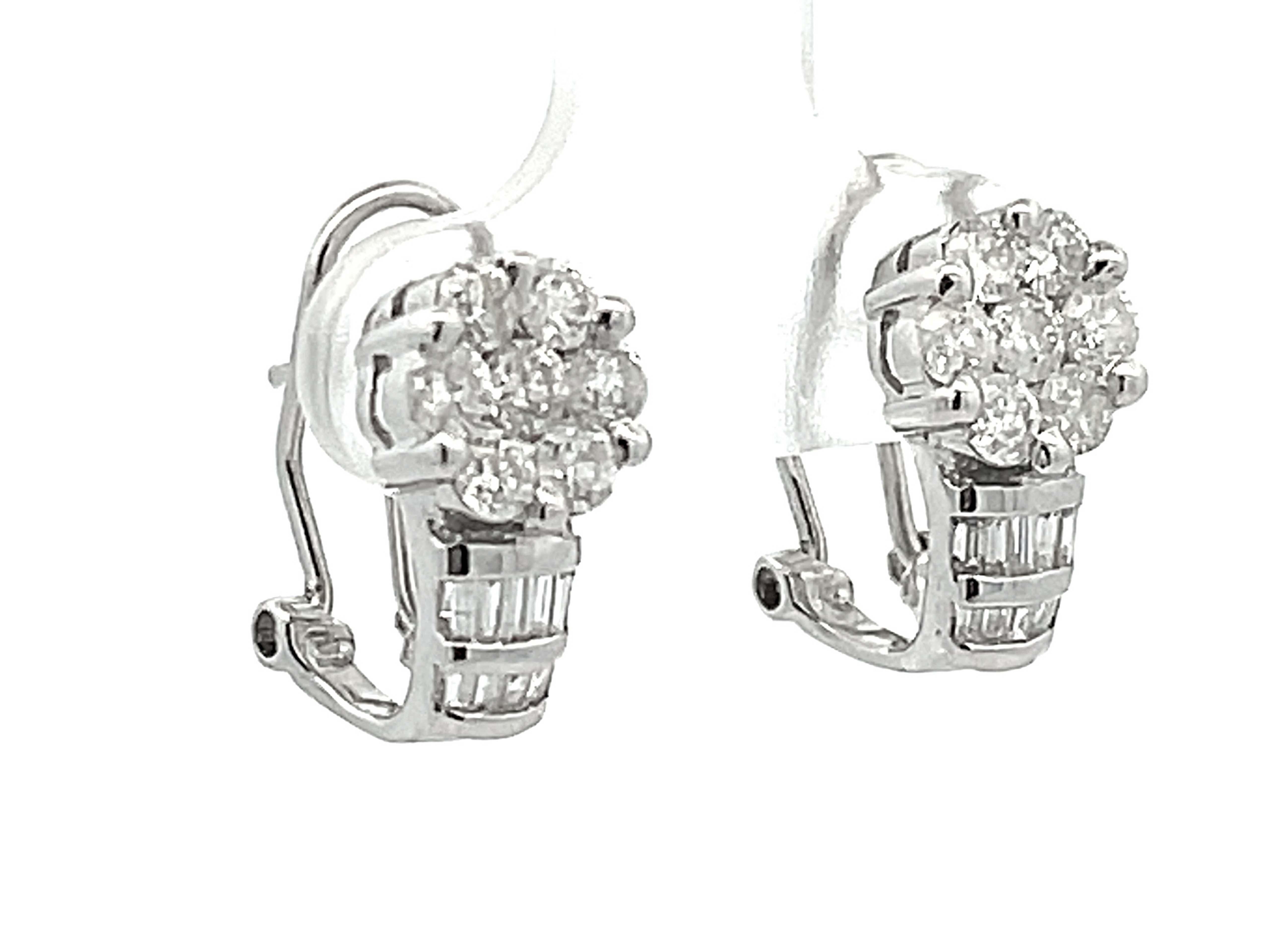 Modern Baguette and Round Brilliant Diamond Flower Huggie Earrings in 14k White Gold For Sale