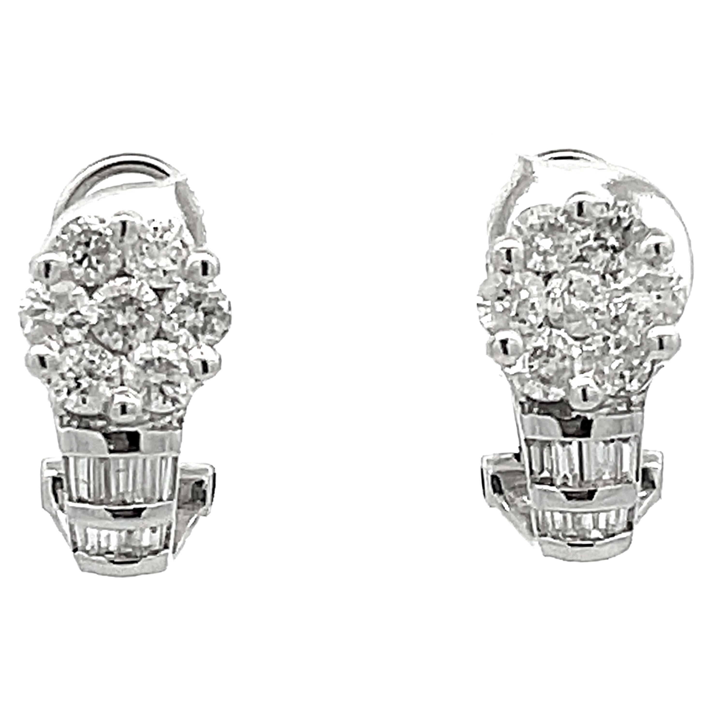 Baguette and Round Brilliant Diamond Flower Huggie Earrings in 14k White Gold For Sale