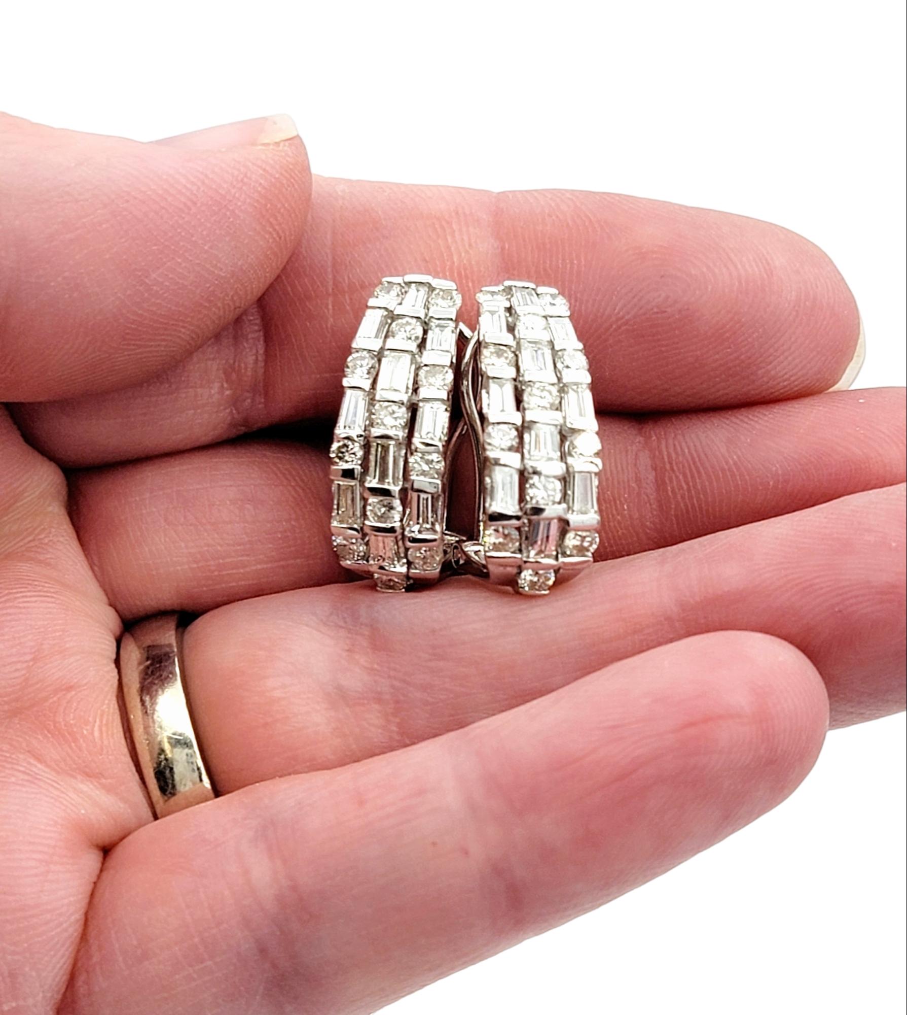 Baguette and Round Brilliant Diamond J-Hoop 18 Karat White Gold Pierced Earrings For Sale 4
