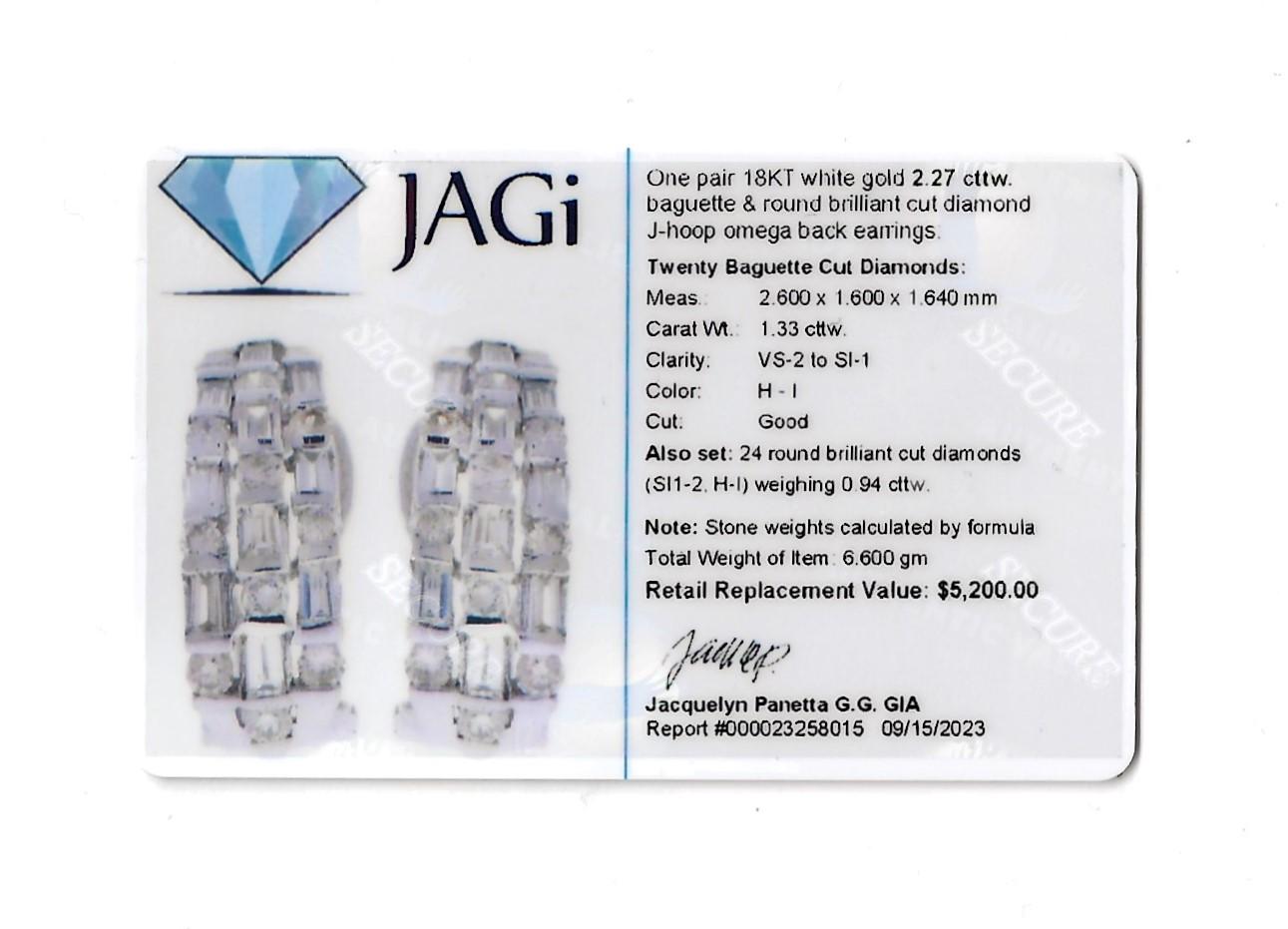 Baguette and Round Brilliant Diamond J-Hoop 18 Karat White Gold Pierced Earrings For Sale 5
