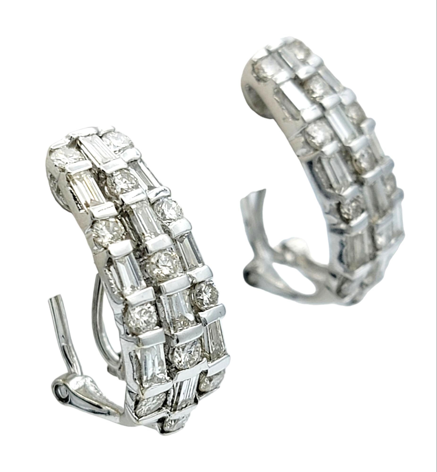 Contemporary Baguette and Round Brilliant Diamond J-Hoop 18 Karat White Gold Pierced Earrings For Sale