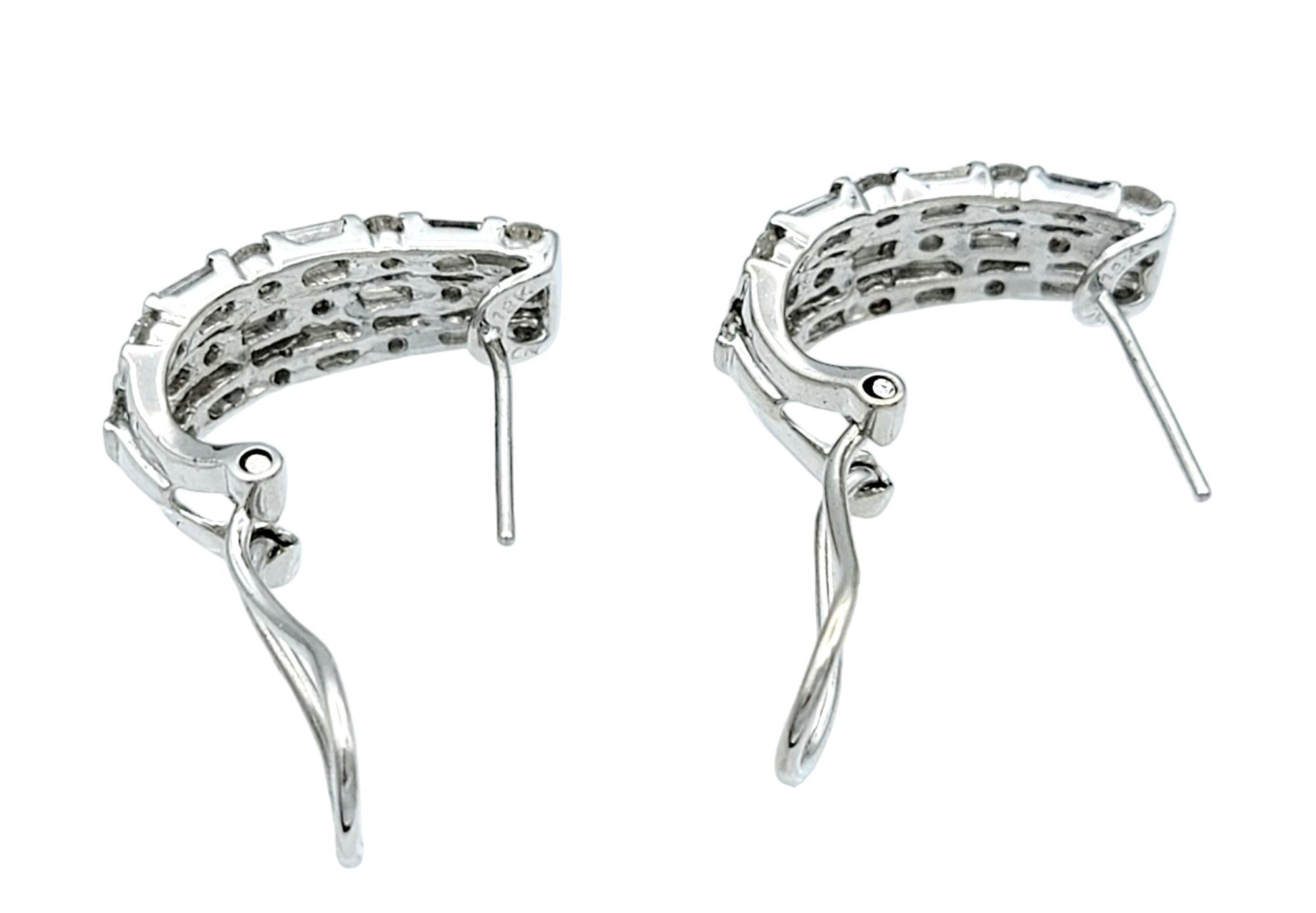 Baguette and Round Brilliant Diamond J-Hoop 18 Karat White Gold Pierced Earrings In Excellent Condition In Scottsdale, AZ