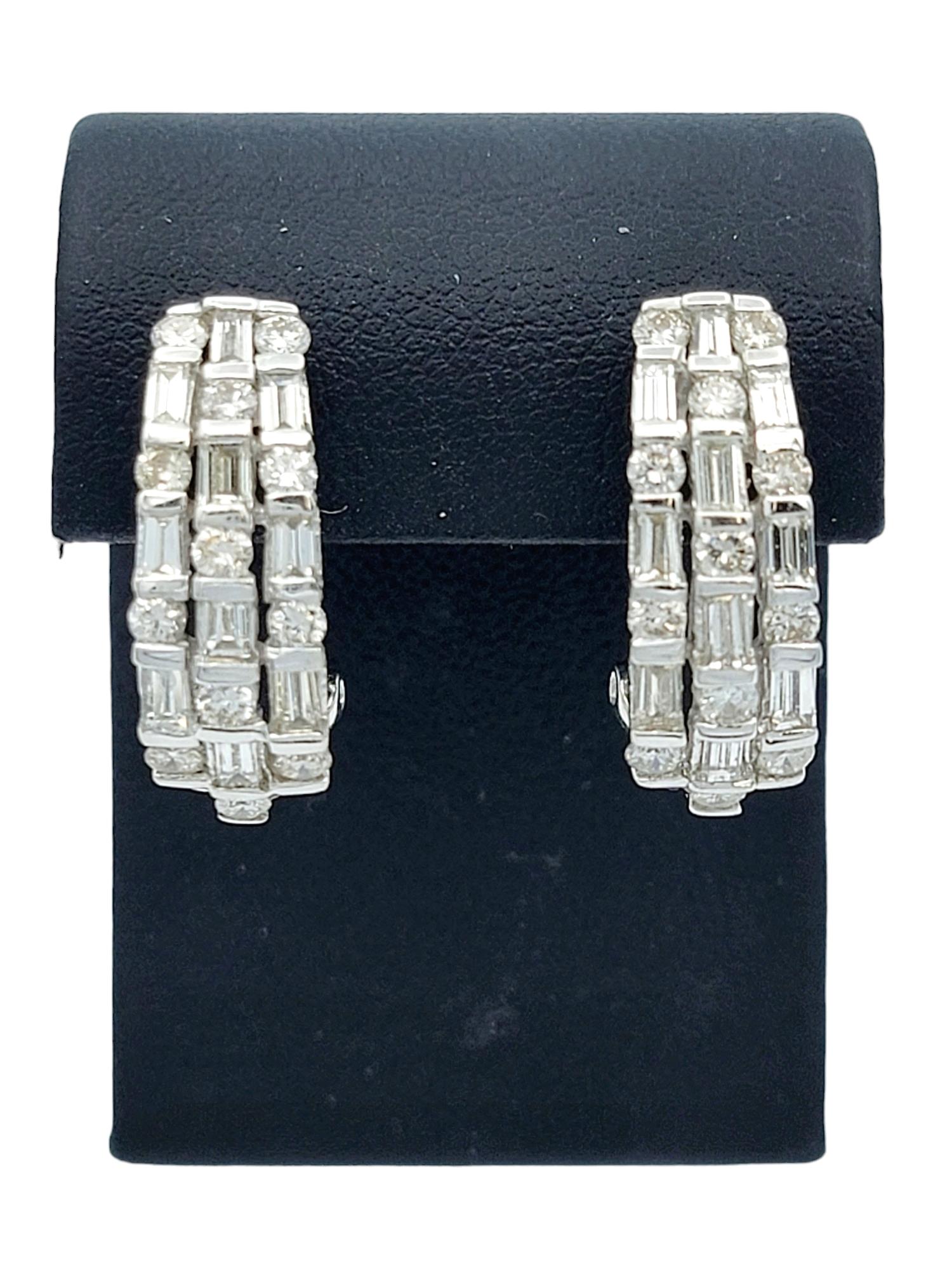 Baguette and Round Brilliant Diamond J-Hoop 18 Karat White Gold Pierced Earrings For Sale 2