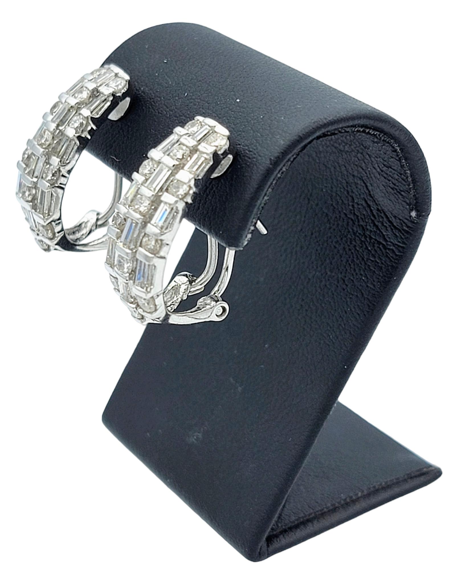 Baguette and Round Brilliant Diamond J-Hoop 18 Karat White Gold Pierced Earrings For Sale 3