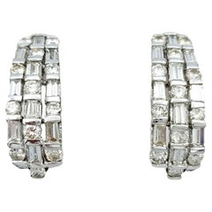 Baguette and Round Brilliant Diamond J-Hoop 18 Karat White Gold Pierced Earrings