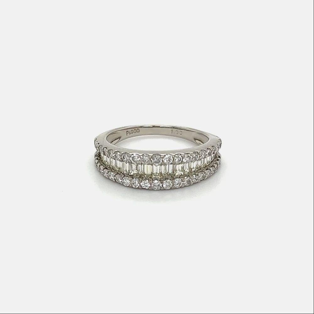 Mixed Cut Baguette and Round Brilliant Diamonds Vintage Platinum Band Ring For Sale