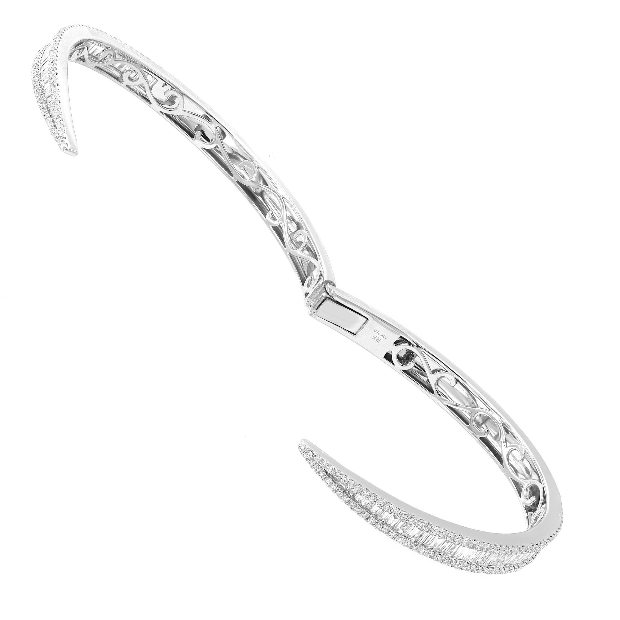 Baguette and Round Cut Diamond Bangle Bracelet 18K White Gold 3.95cttw In New Condition For Sale In New York, NY