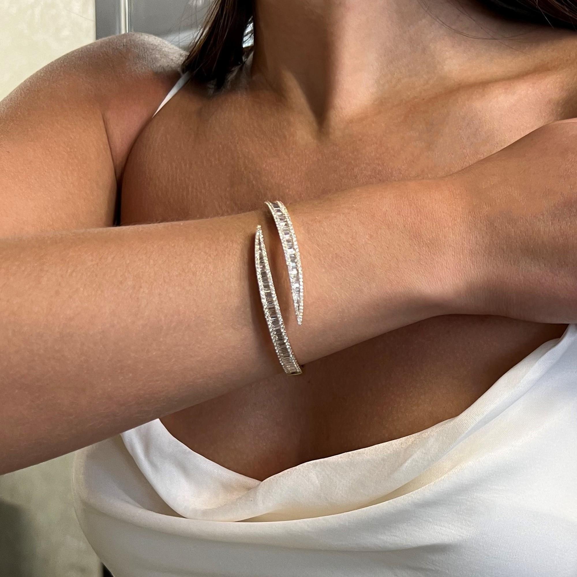 Women's Baguette and Round Cut Diamond Bangle Bracelet 18K White Gold 3.95cttw For Sale