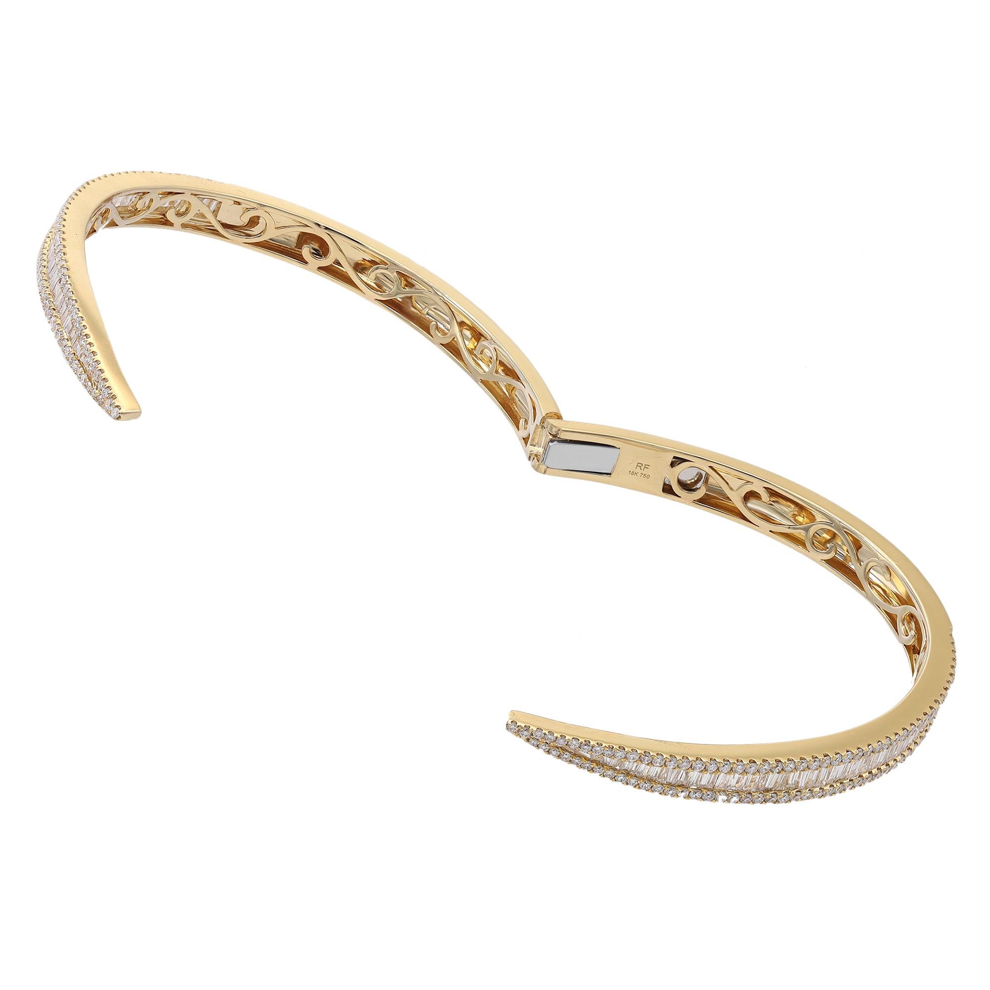 Women's Baguette and Round Cut Diamond Bangle Bracelet 18K Yellow Gold 3.76cttw For Sale
