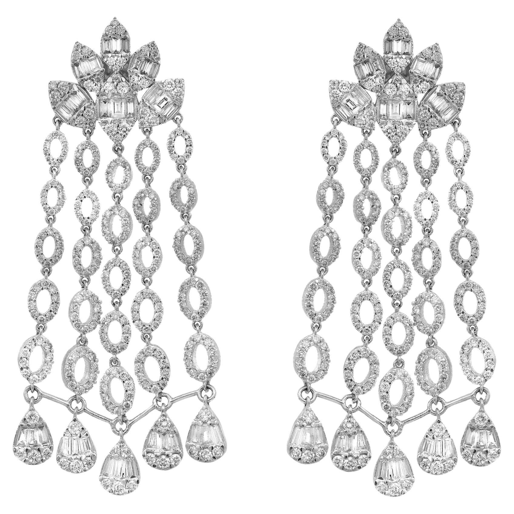 Baguette And Round Cut Diamond Chandelier Earrings 14K White Gold 3.67Cttw For Sale