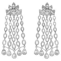 Baguette And Round Cut Diamond Chandelier Earrings 14K White Gold 3.67Cttw