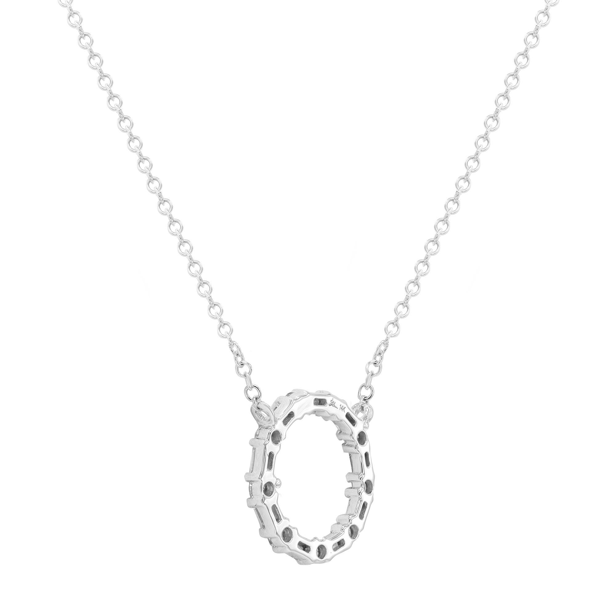 Fabulous and dramatic, this dazzling diamond circle pendant necklace is a perfect accent to everyday and evening looks. It features baguette cut and round cut diamonds weighing 0.29cts set in a circle shaped cut out pendant, crafted in 14k white