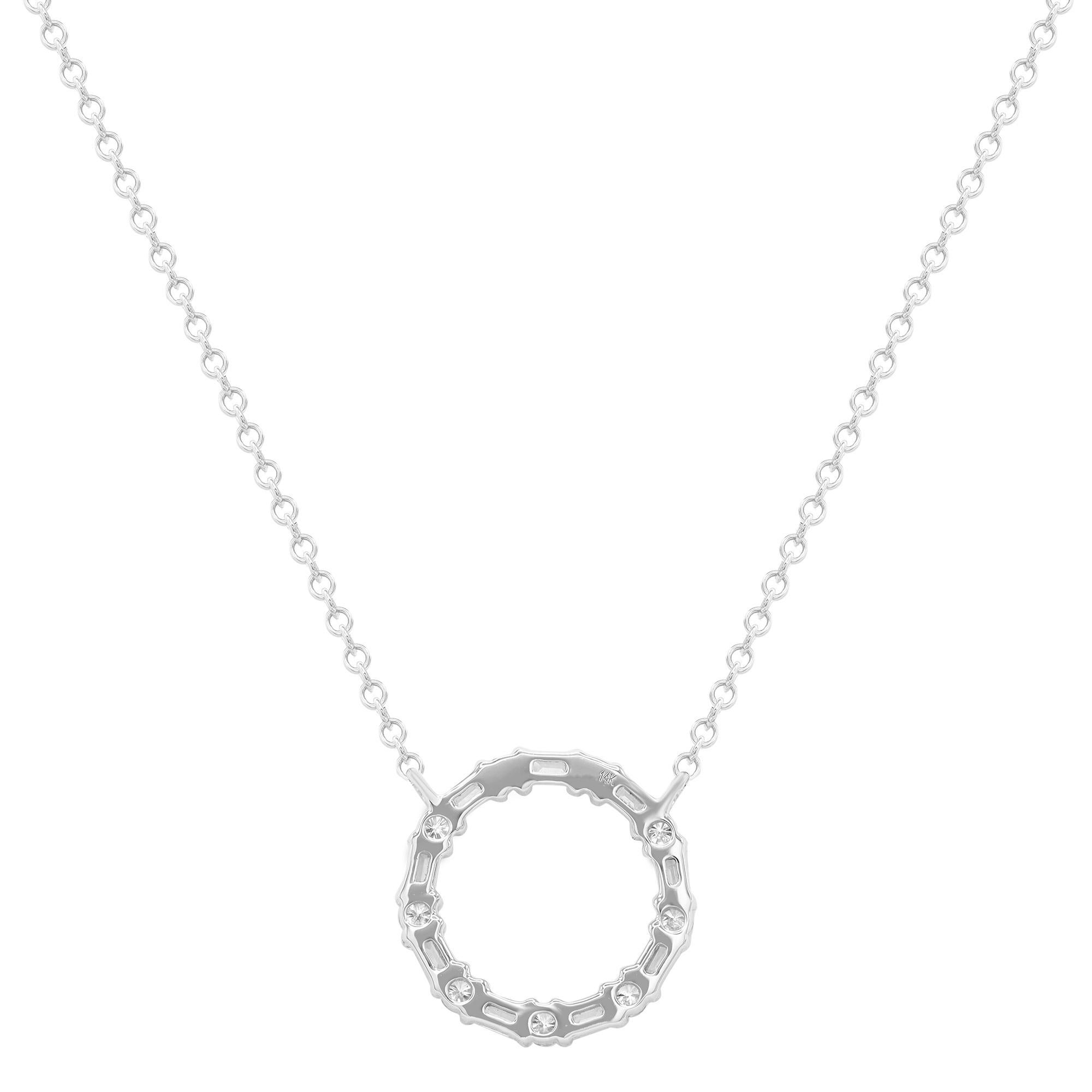 Modern Baguette and Round Cut Diamond Circle Pendant Necklace 14K White Gold 0.29cttw For Sale