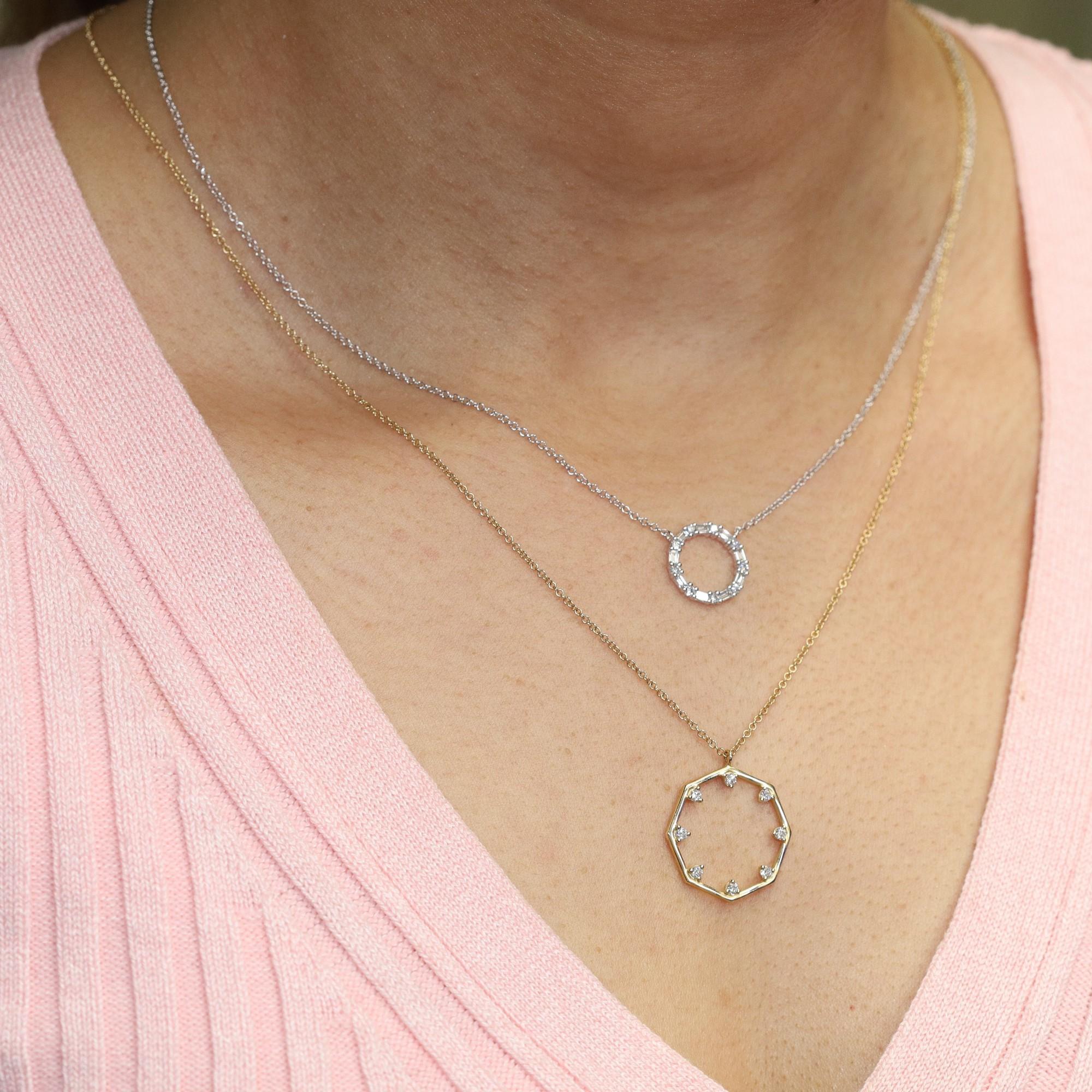 Baguette and Round Cut Diamond Circle Pendant Necklace 14K White Gold 0.29cttw In New Condition For Sale In New York, NY