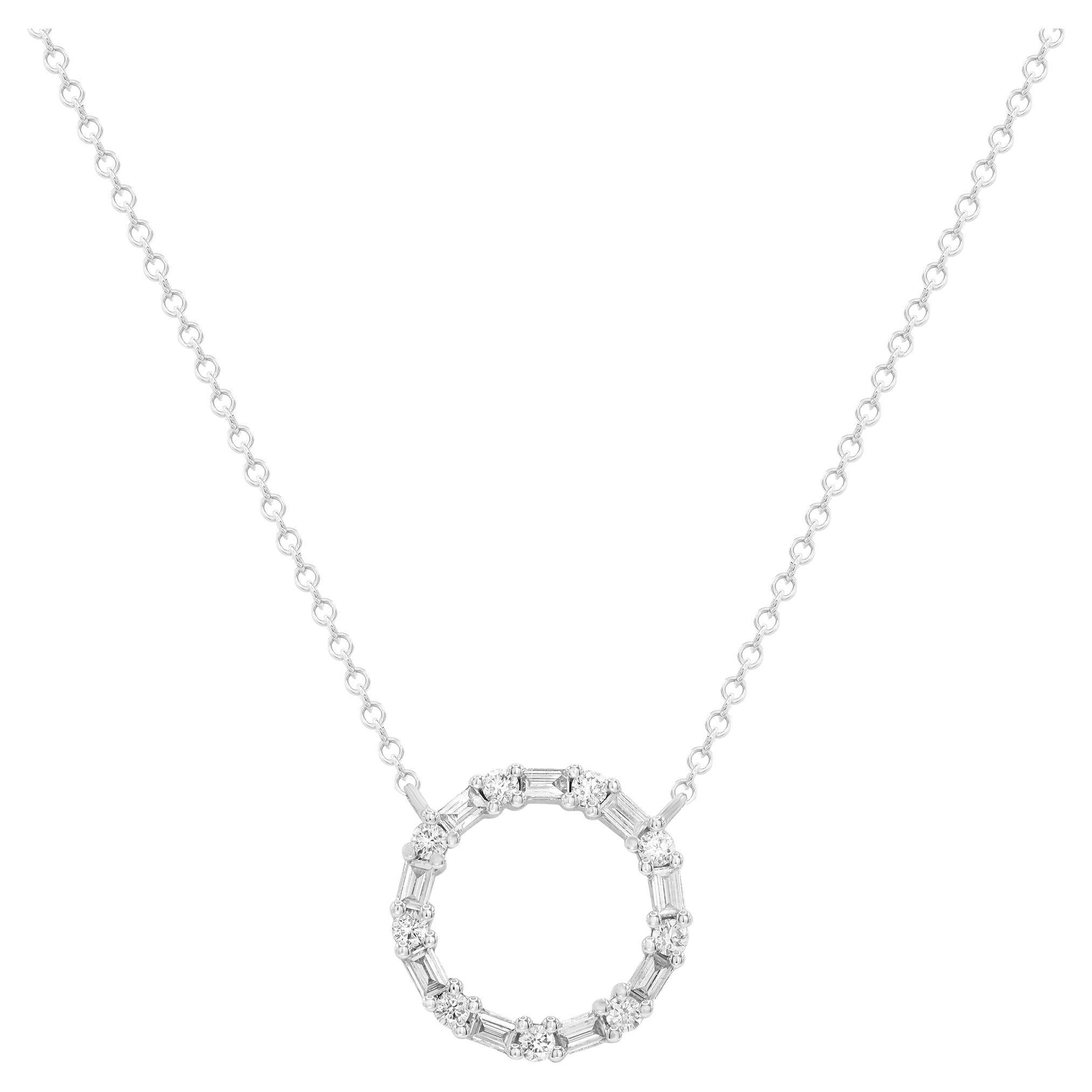 Baguette and Round Cut Diamond Circle Pendant Necklace 14K White Gold 0.29cttw For Sale