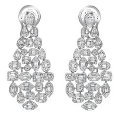 Baguette And Round Cut Diamond Dangle Drop Earrings 14K White Gold 3.95Cttw
