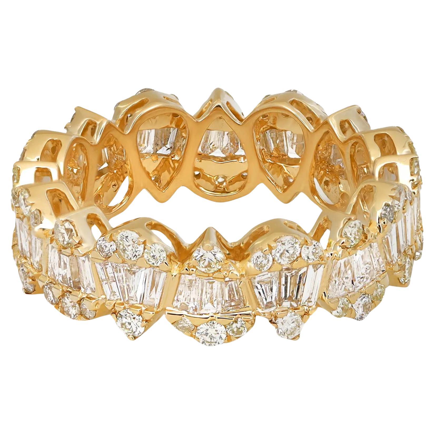 Baguette And Round Cut Diamond Eternity Band Ring 14K Yellow Gold 2.12Ctw SZ 7.5 For Sale
