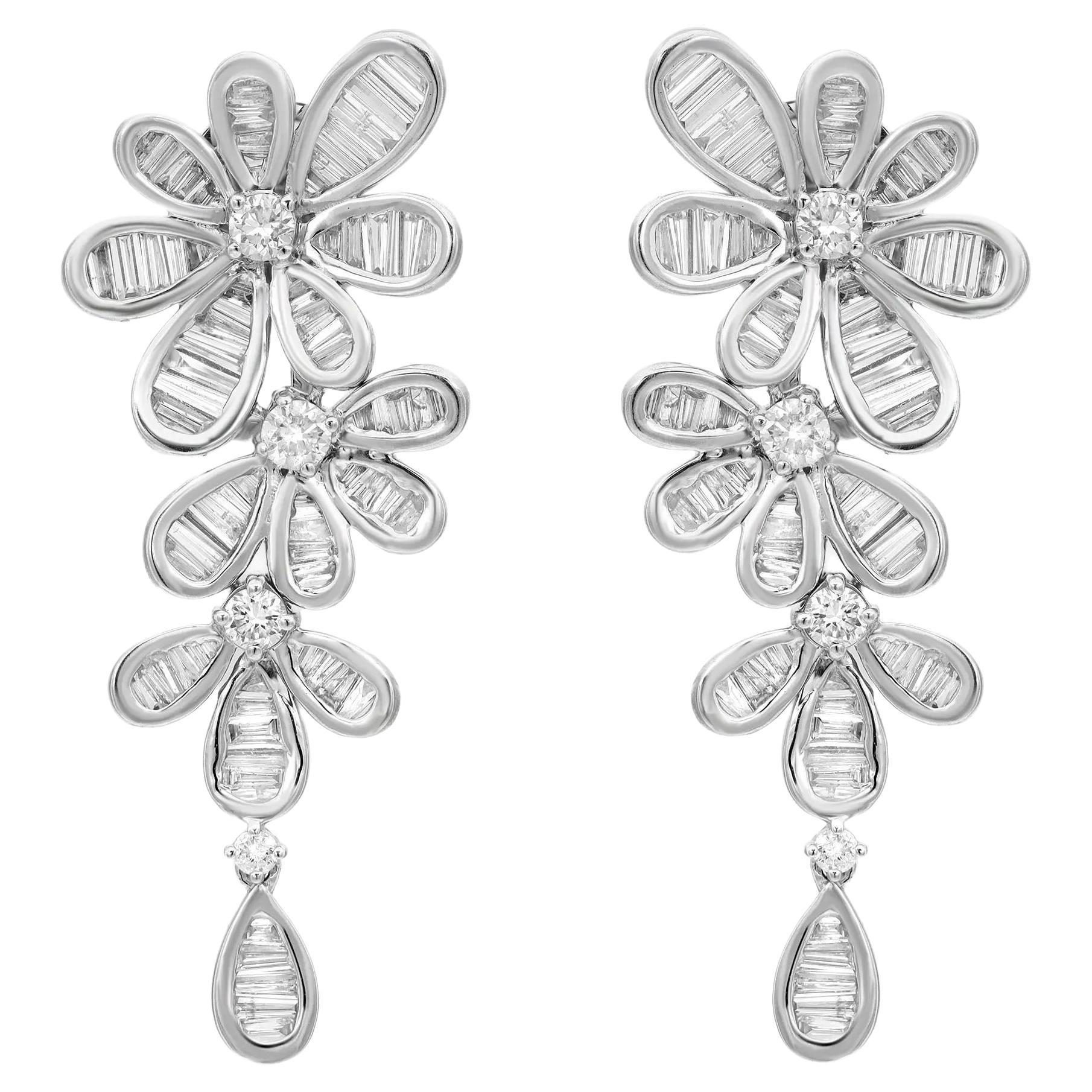 Baguette And Round Cut Diamond Floral Drop Earrings 14K White Gold 3.95Cttw