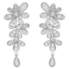 Baguette And Round Cut Diamond Floral Drop Earrings 14K White Gold 3.95Cttw