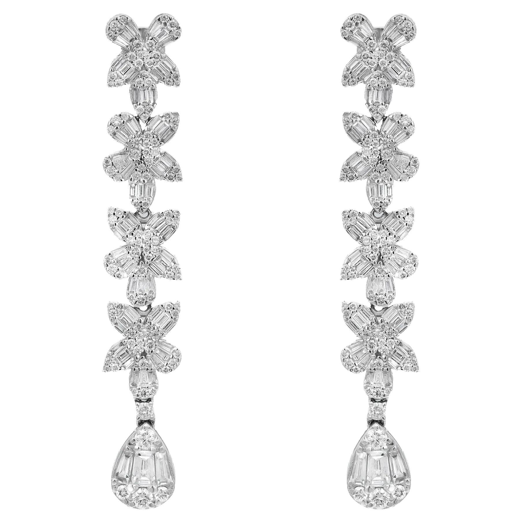 Baguette And Round Cut Diamond Long Drop Floral Earrings 14K White Gold 3.2Cttw