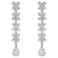 Baguette And Round Cut Diamond Long Drop Floral Earrings 14K White Gold 3.2Cttw