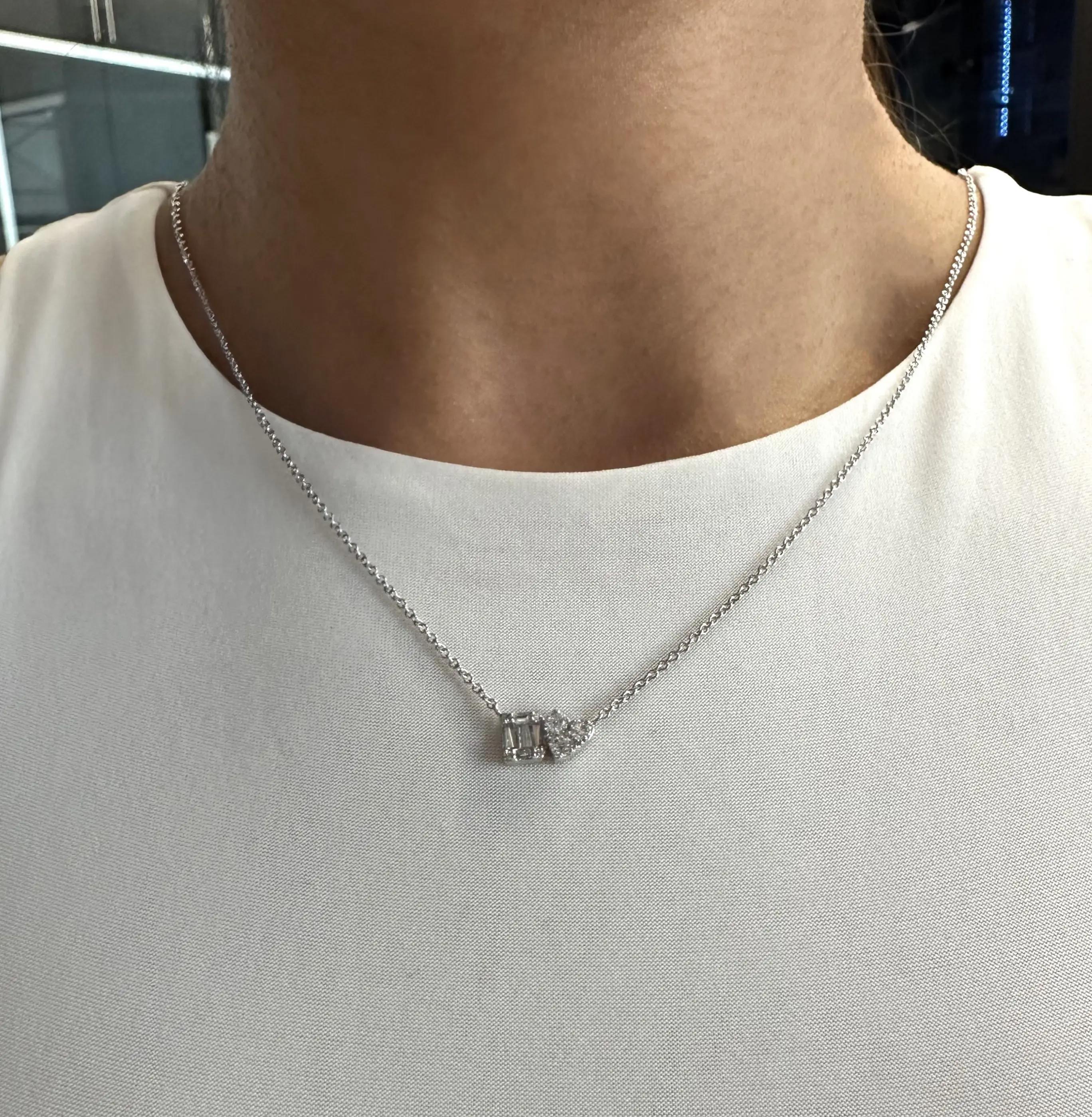 Women's Baguette And Round Cut Diamond Pendant Necklace 14K White Gold 0.44Cttw For Sale